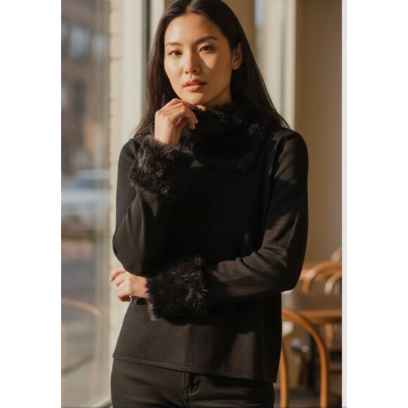 Yuka Vintage Faux Fur Trim Funnel Neck Knit Top Small - Picture 10 of 11